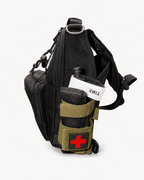 Level 1 Get Home Sling Bag black side view with externally accessible CAT-style tourniquet setup