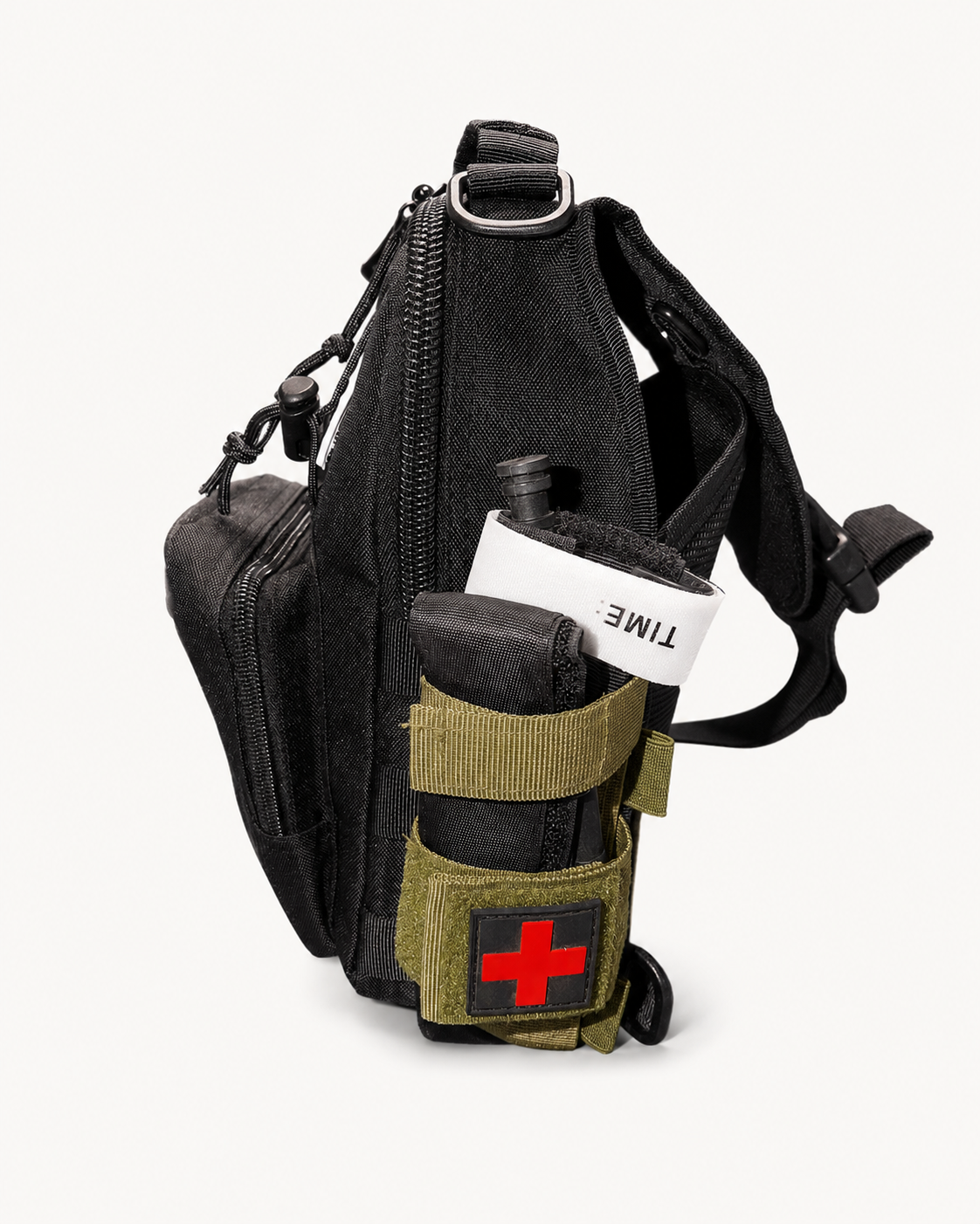Level 1 Get Home Sling Bag black side view with externally accessible CAT-style tourniquet setup
