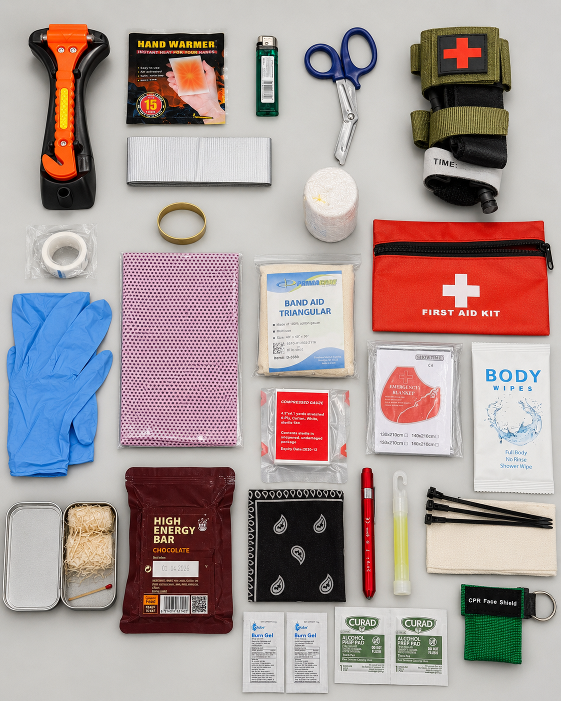 Level 1 Get Home Sling Bag contents flat lay showing medical, food, fire, light, signaling, utility, and comfort supplies