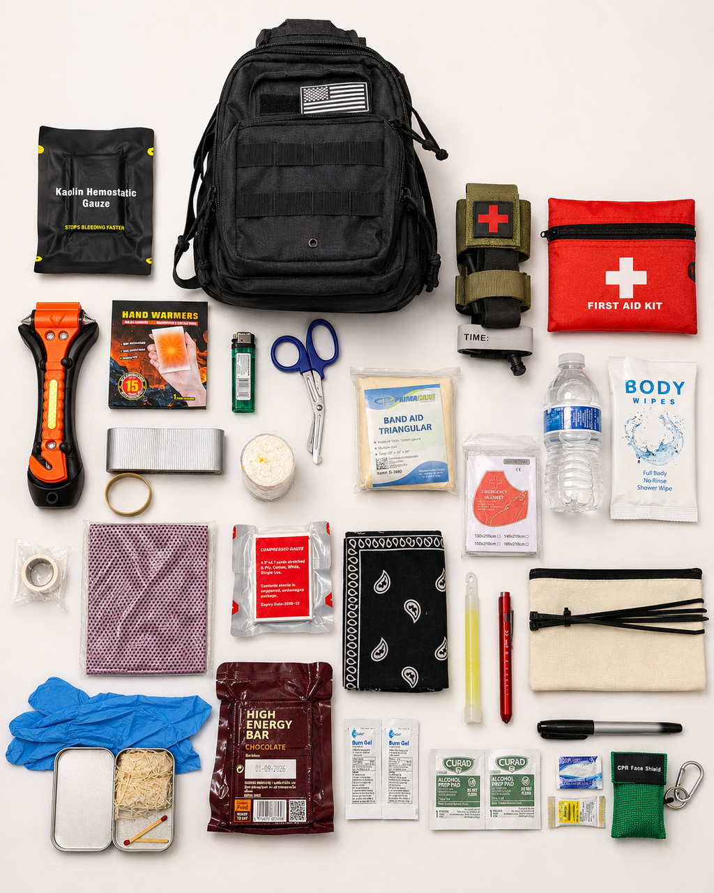 Full Level 1 Get Home Sling Bag contents spread with black bag and major preparedness components
