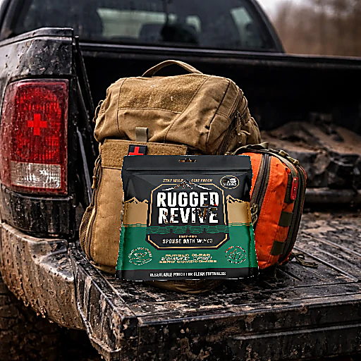 Rugged Revive product on a truck bed with a backpack and tools.