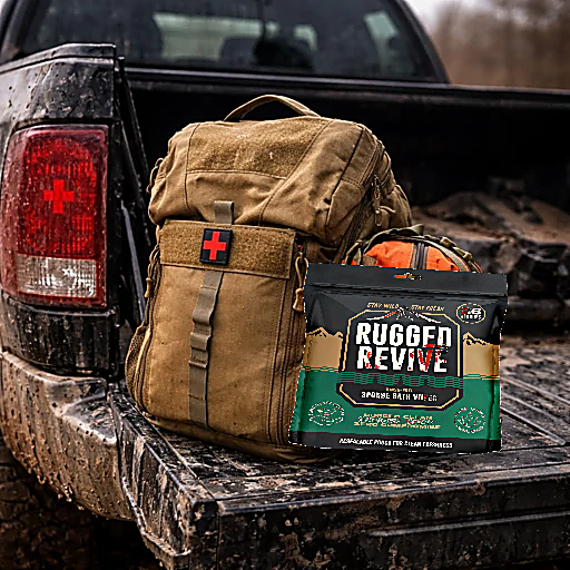 Brown backpack with a red cross on a truck bed next to a package labeled 'Rugged Revive'.