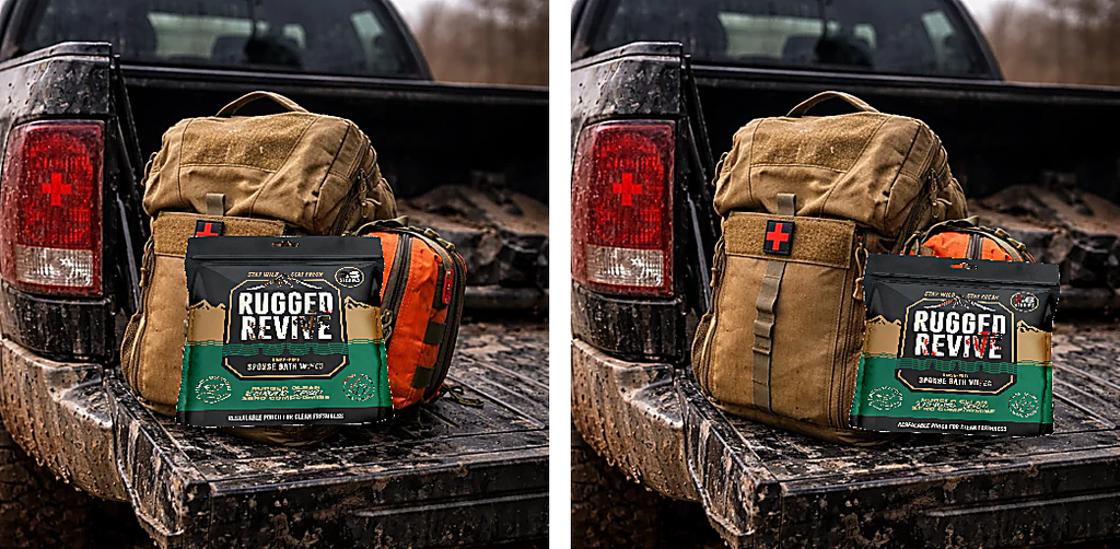 Rugged Revive package on a truck bed with a backpack