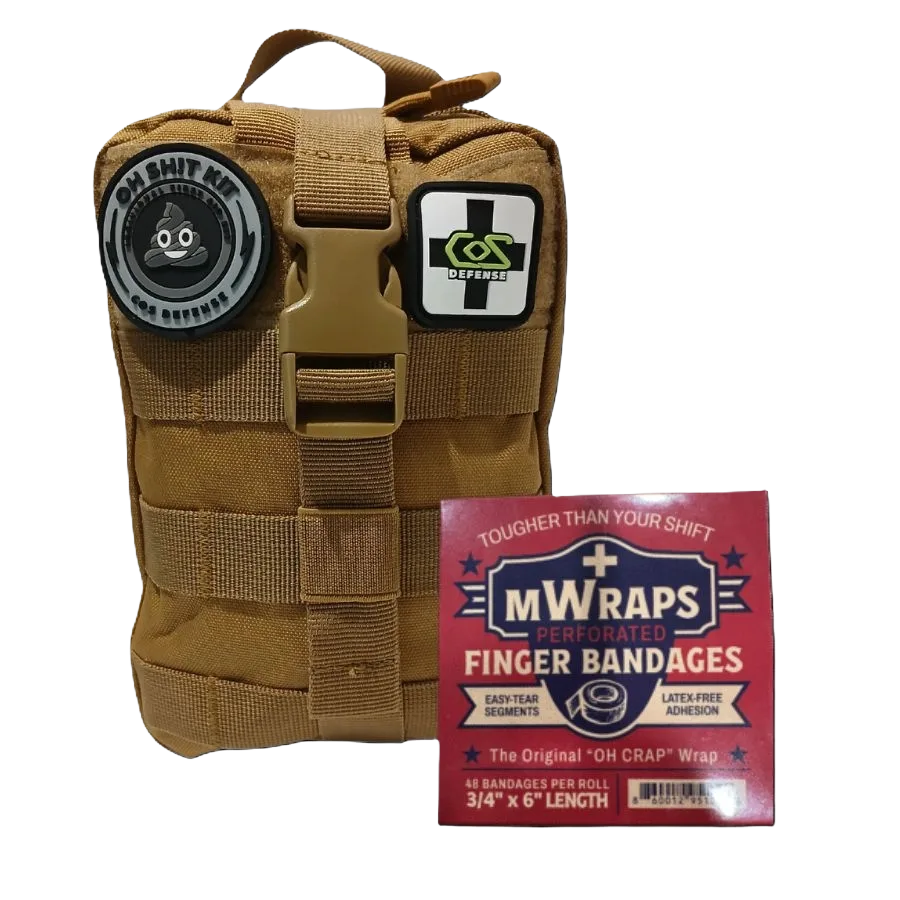 Tactical pouch with patches and a box of M-Wraps finger bandages on a white background